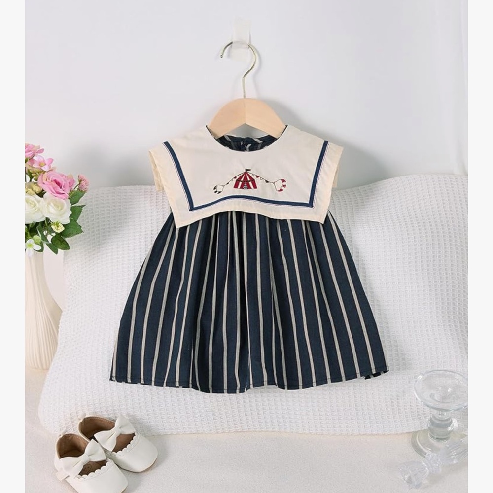 🌱🦢4 FOR $15!🦢🌱 Navy and Cream Striped Circus Dress - Picture 2 of 3